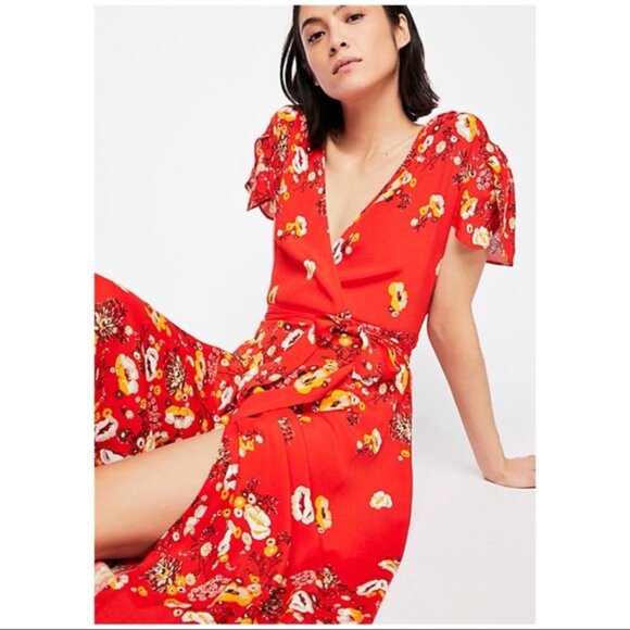 Free People Gorgeous Jess Wrap Floral Maxi Dress In Red Multi Size M EUC - Picture 2 of 16